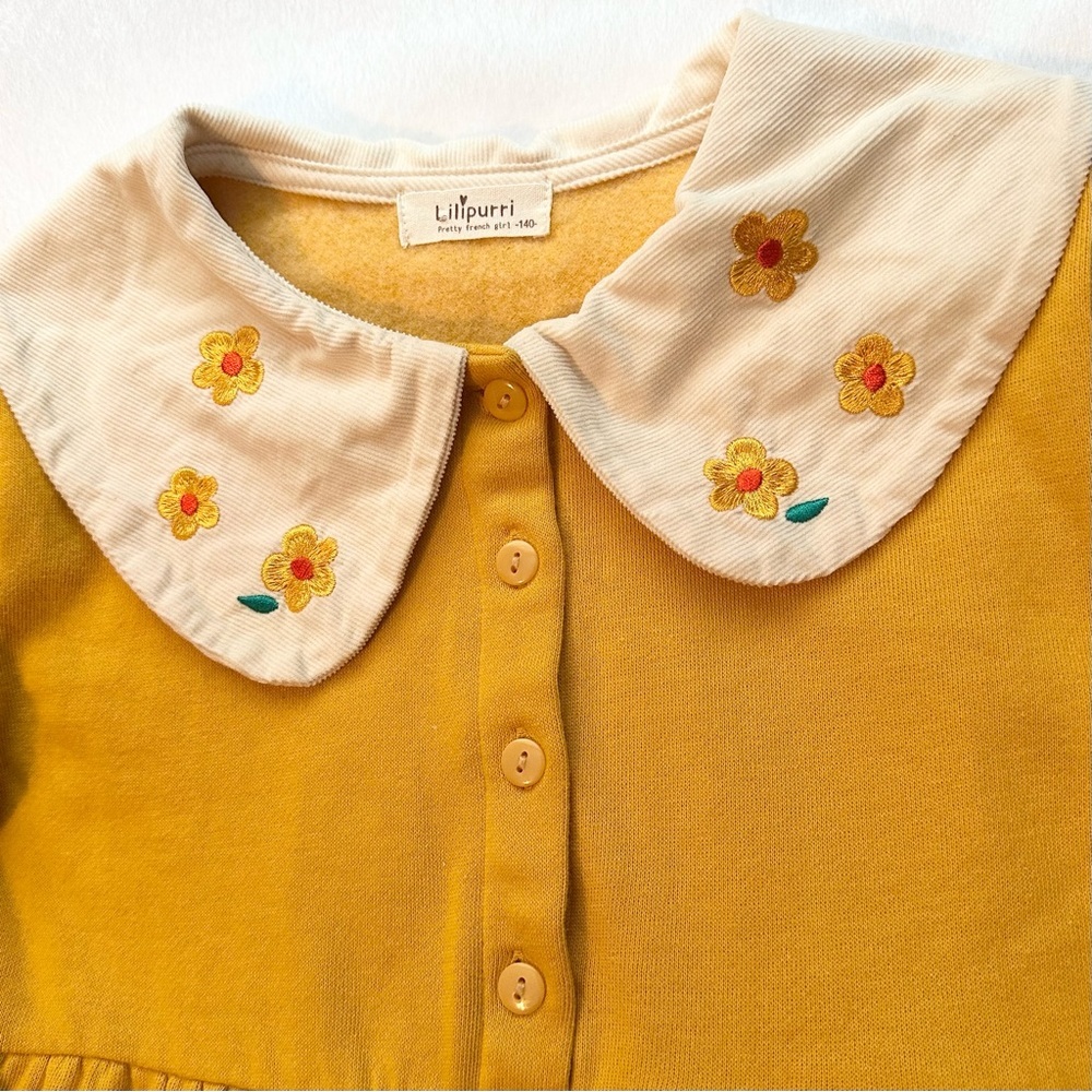 Boutique Lilipurri Babydoll Long Sleeve Dress 7-8 Girls Yellow Flower Collar - Picture 2 of 8